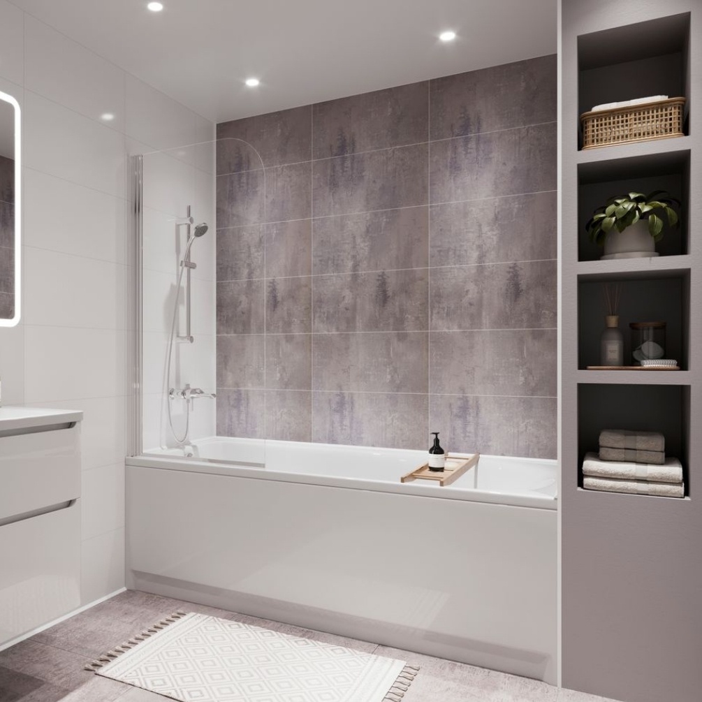Lifestyle image of the Showerwall Laminate Cement 2400mm x 600mm Rectangle Tile Effect Wall Panel - SWT05 installed behind a single-ended straight edged bathtub